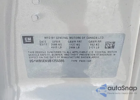 2011 Chevrolet Impala Lt z USA, uszkodzony, nr VIN 2G1WB5EK9B1255385